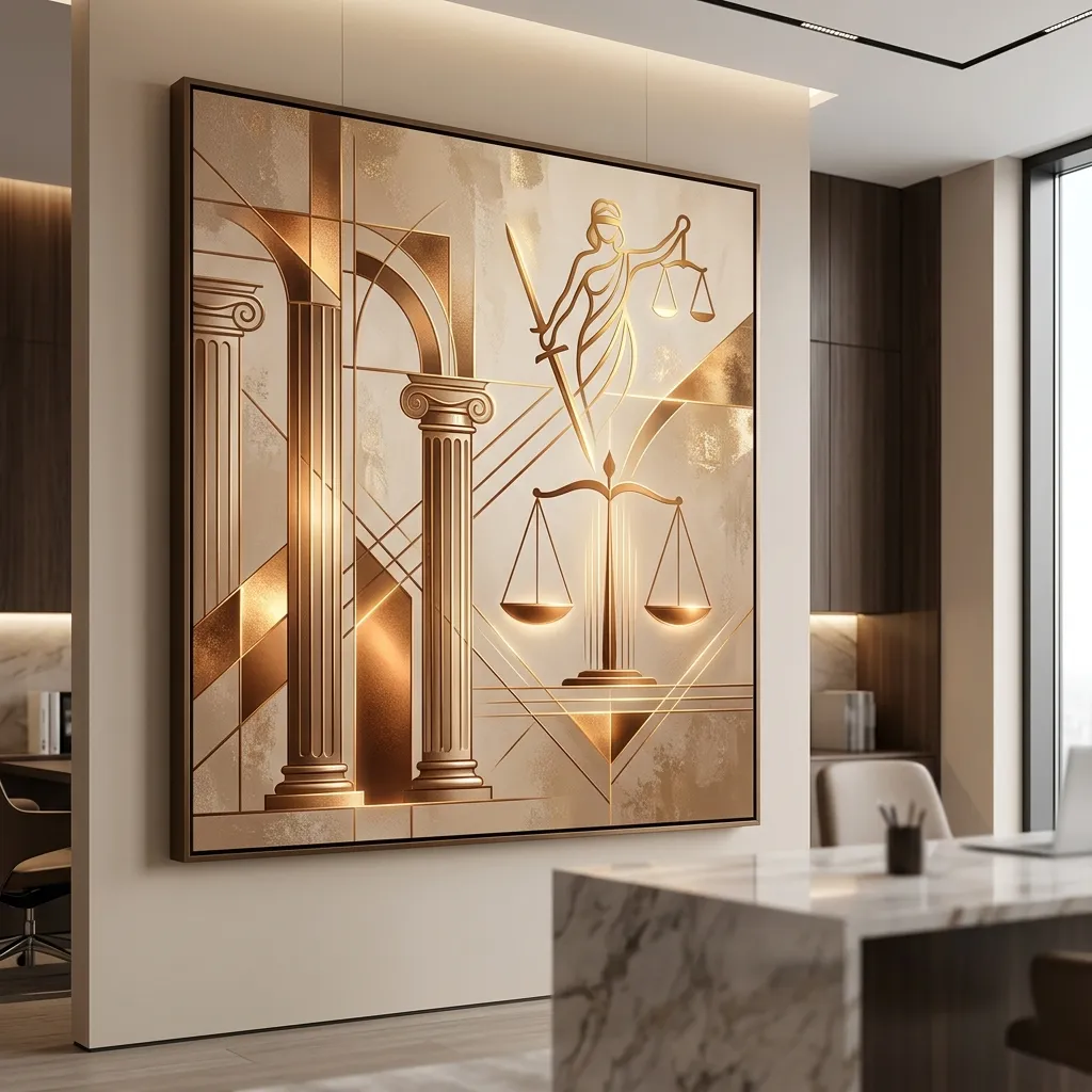 Pintura abstrata na parede representando a balança de justiça e colunas do direito com paleta terrosa